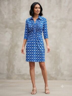 Geometric Stretchy Vibrant Knit Shirt Dress Button Up Sz 10 Blue & White Pattern